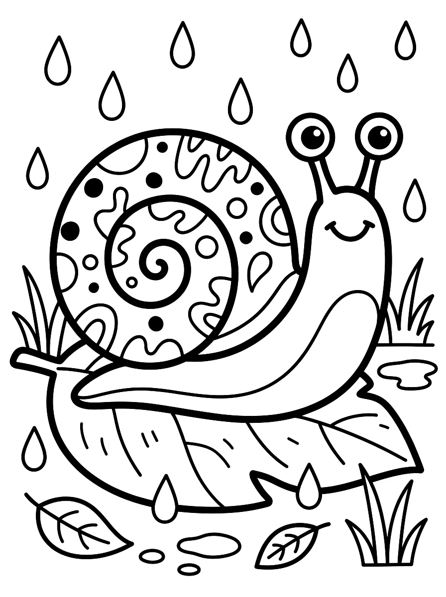 Ausmalbild: Schnecke mit gemustertem Haus auf einem Blatt