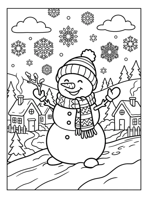 Ausmalbild: Schneemann mit Schal, Mütze und Karottennase