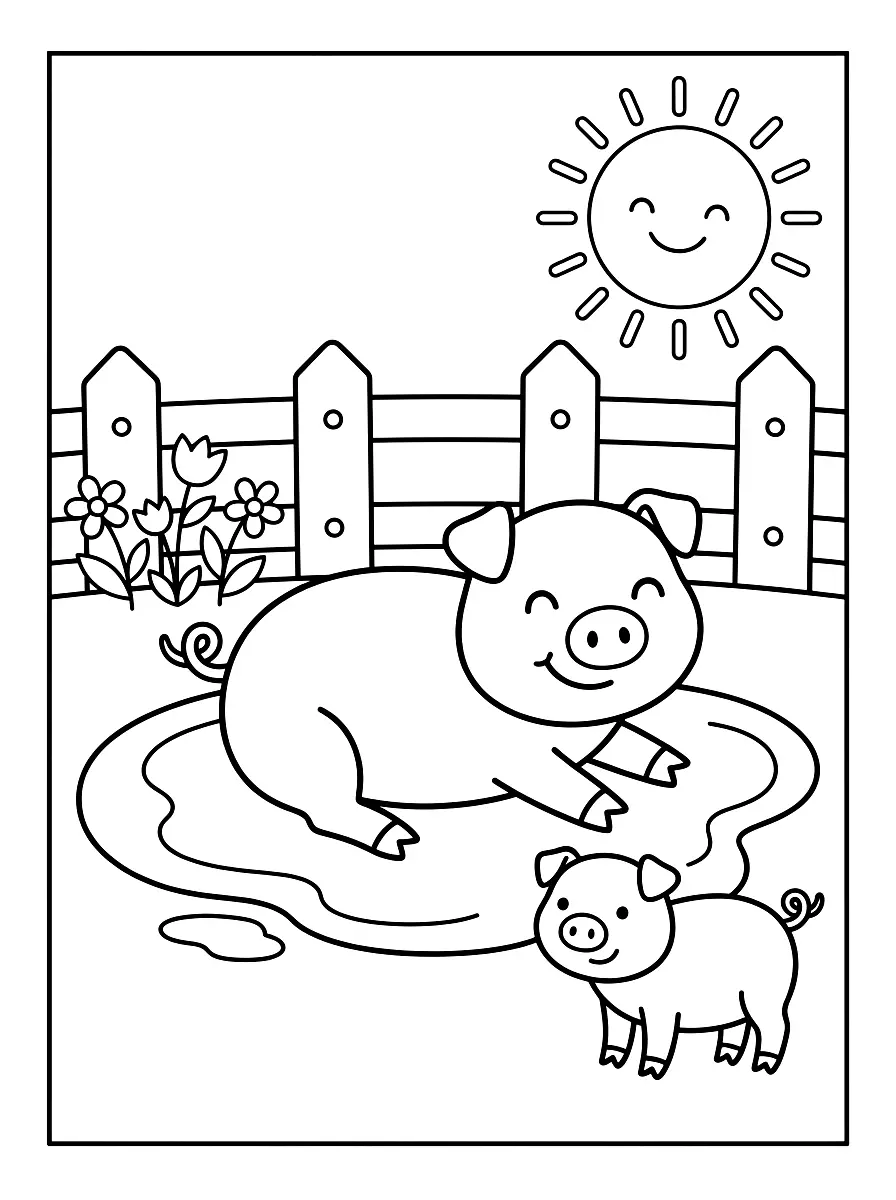 Colouring page: A happy pig lies in a muddy puddle next to a little piglet, with a wooden fence and flowers behind them