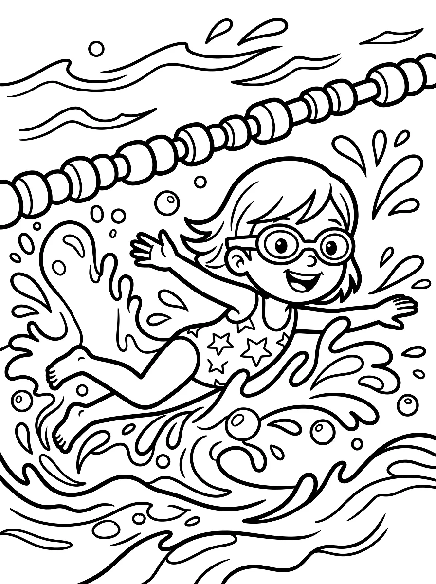 Coloriage : Un enfant avec des lunettes de natation nage dans le bassin