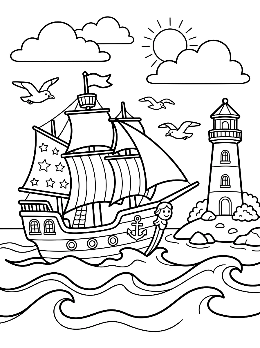 Desenho para colorir: Veleiro no mar com gaivotas