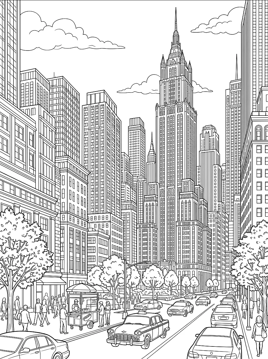 Colouring page: Manhattan skyscrapers with a yellow taxi in the foreground