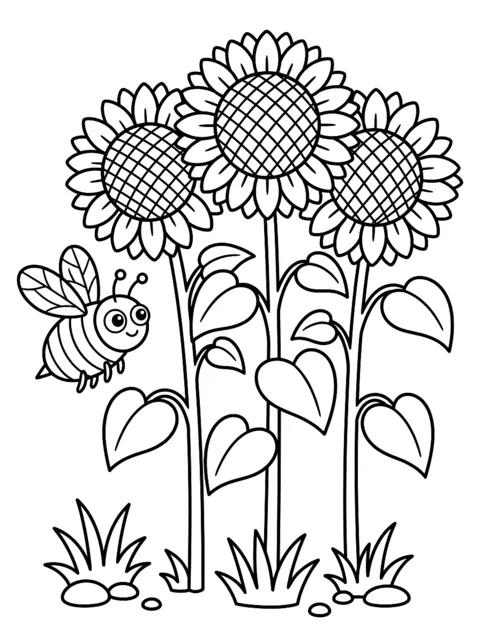 Ausmalbild: Drei Sonnenblumen mit Biene