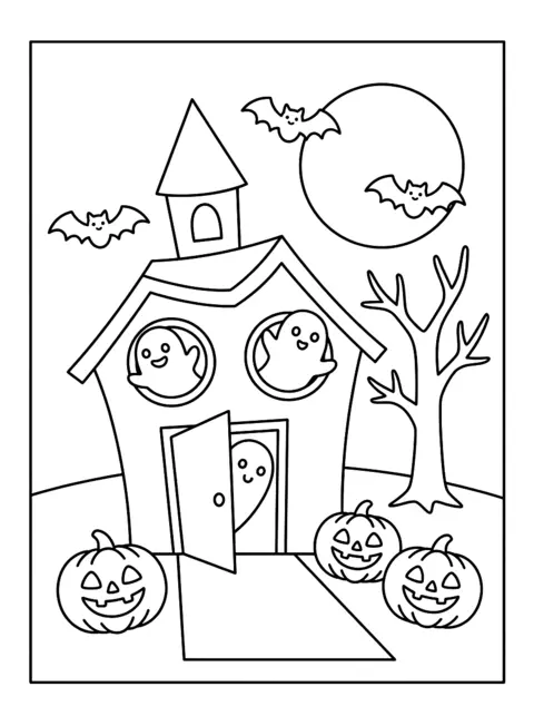 Colouring page: A small crooked haunted house with a little tower, friendly ghosts peeking out of the windows, pumpkins in front and bats in the sky