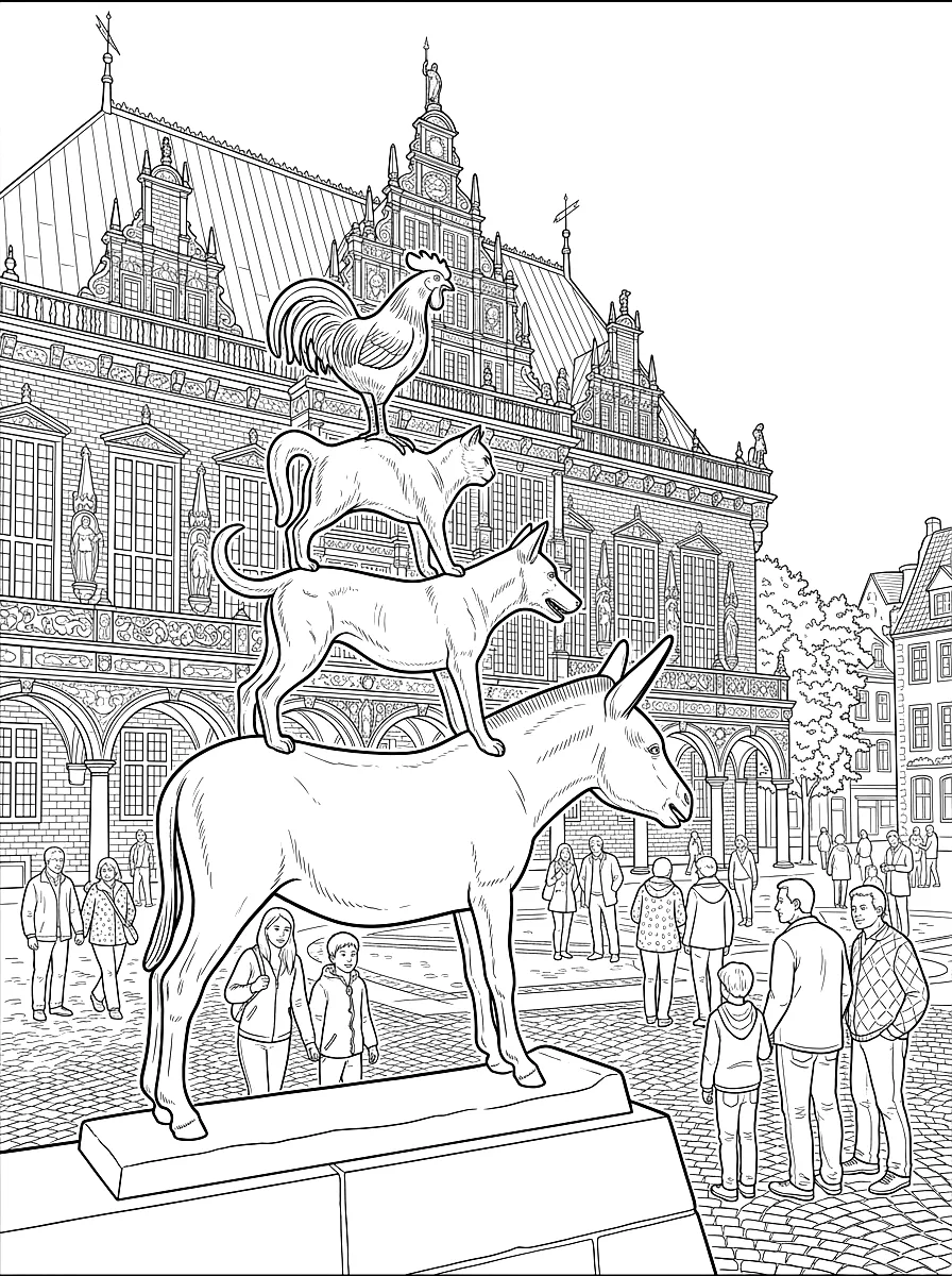 Coloriage : L'âne, le chien, le chat et le coq juchés les uns sur les autres, en statue de bronze devant l'hôtel de ville de Brême