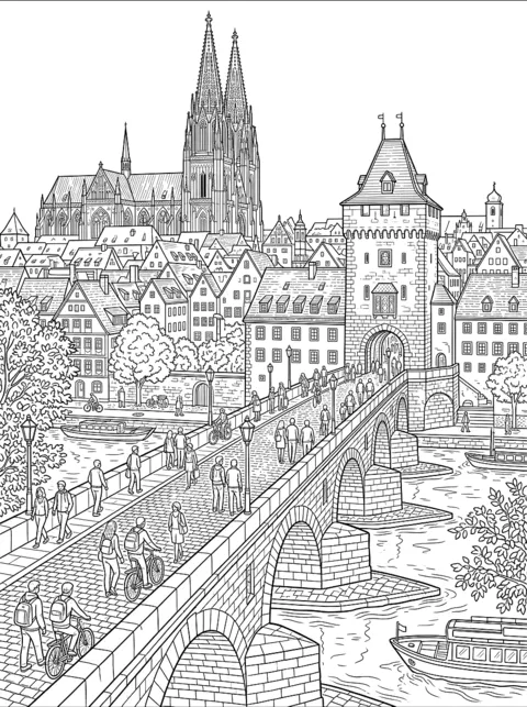Kleurplaat: De oude stenen brug met veel bogen over de Donau, erachter de dom