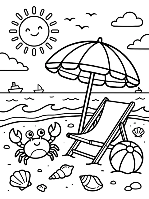 Ausmalbild: Sonnenschirm, Liegestuhl und Ball am Strand