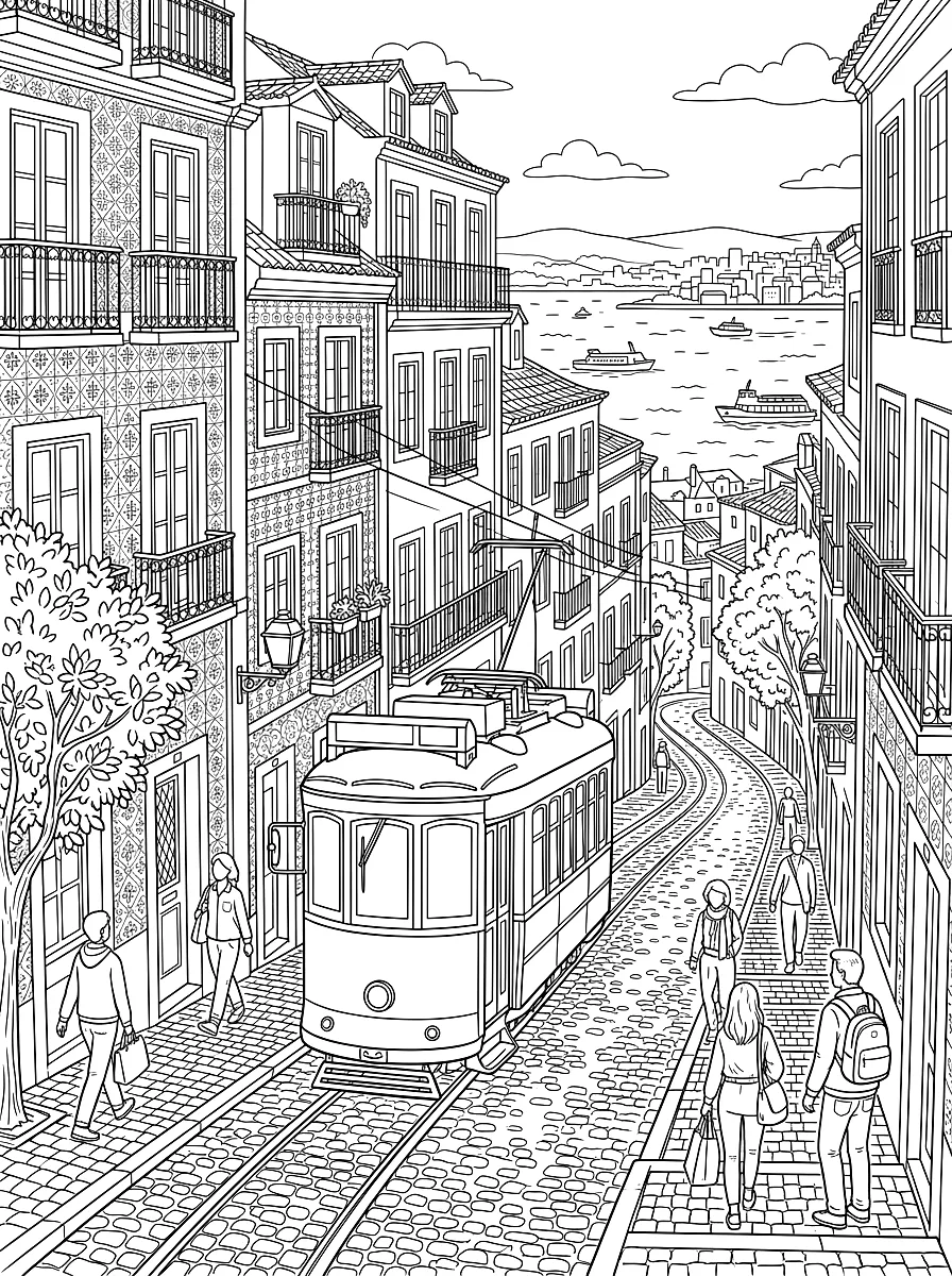 Colouring page: An old tram climbing a steep street