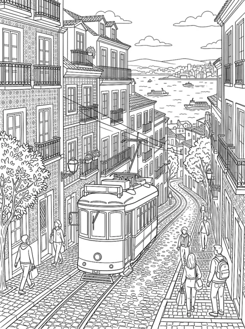 Ausmalbild: Eine alte Straßenbahn fährt eine steile Gasse hinauf