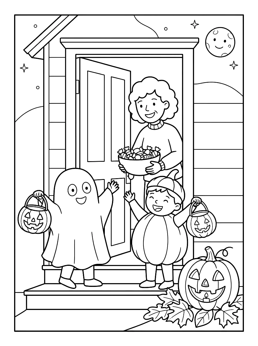 Colouring page: Two children dressed as a ghost and a pumpkin stand with little buckets at a front door, a woman holds out a bowl of sweets, a carved pumpkin sits on the step