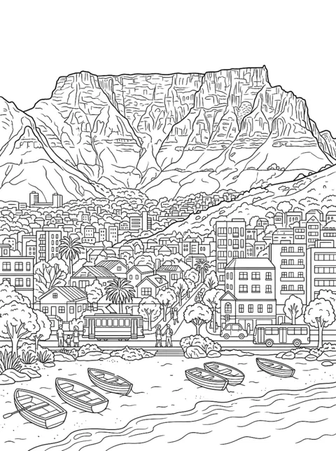 Ausmalbild: Der flache Tafelberg über Kapstadt, davor Strand und Ruderboote
