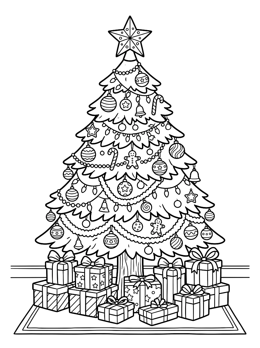 Ausmalbild: Weihnachtsbaum mit Kugeln, Stern und Geschenken