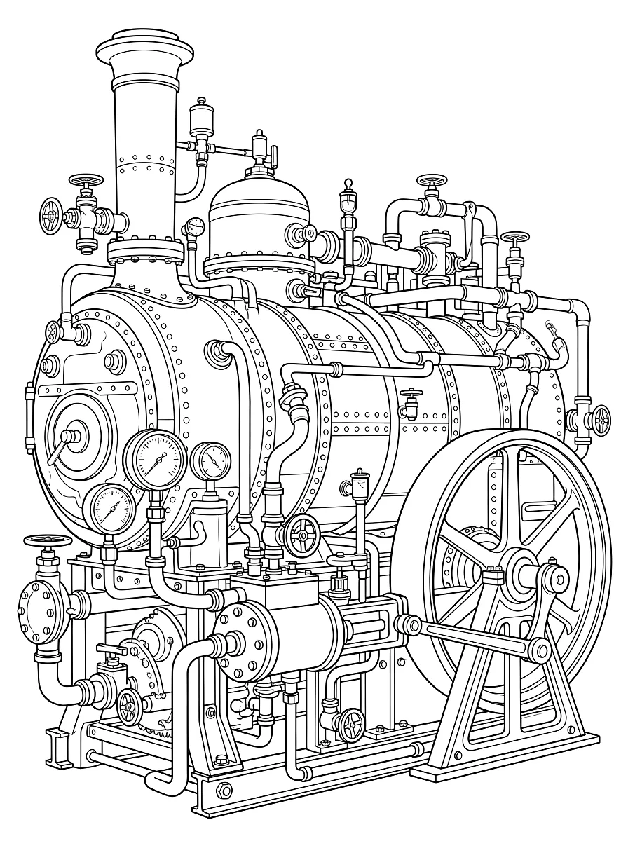 Colouring page: Old steam engine with boilers, pipes and a flywheel