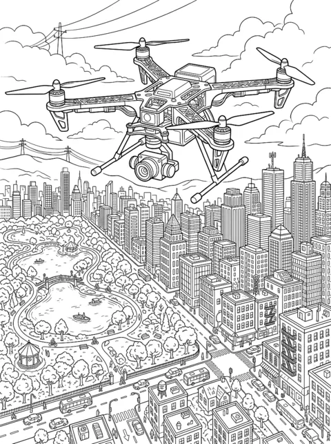 Ausmalbild: Quadrocopter-Drohne fliegt über einer Stadt