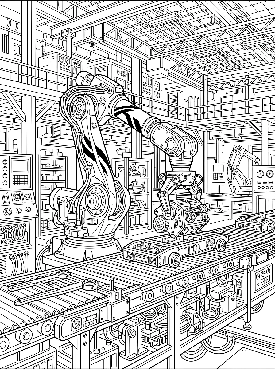 Disegno da colorare: Braccio robotico industriale in un capannone