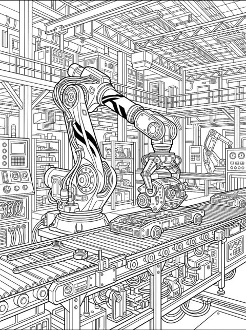 Ausmalbild: Industrieroboterarm in einer Werkhalle