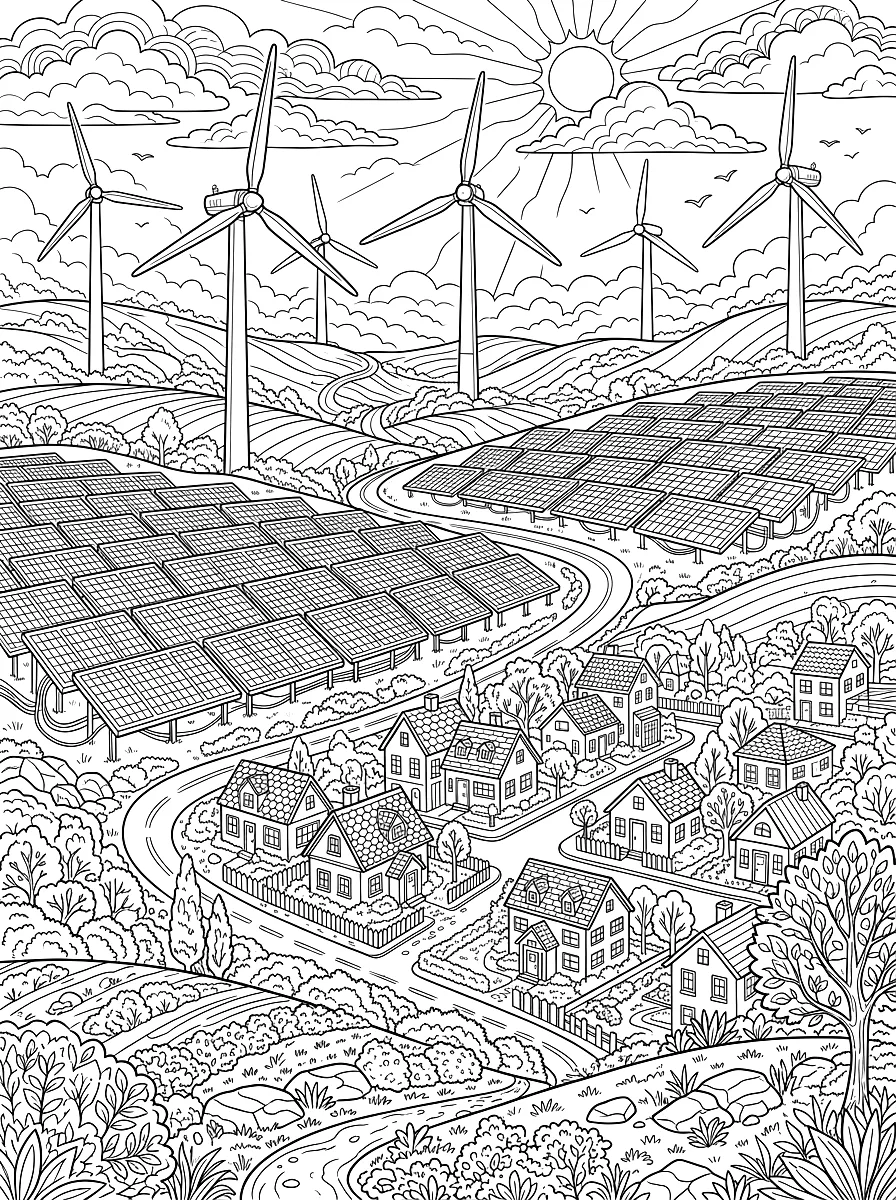Dibujo para colorear: Aerogeneradores en las colinas y campos solares