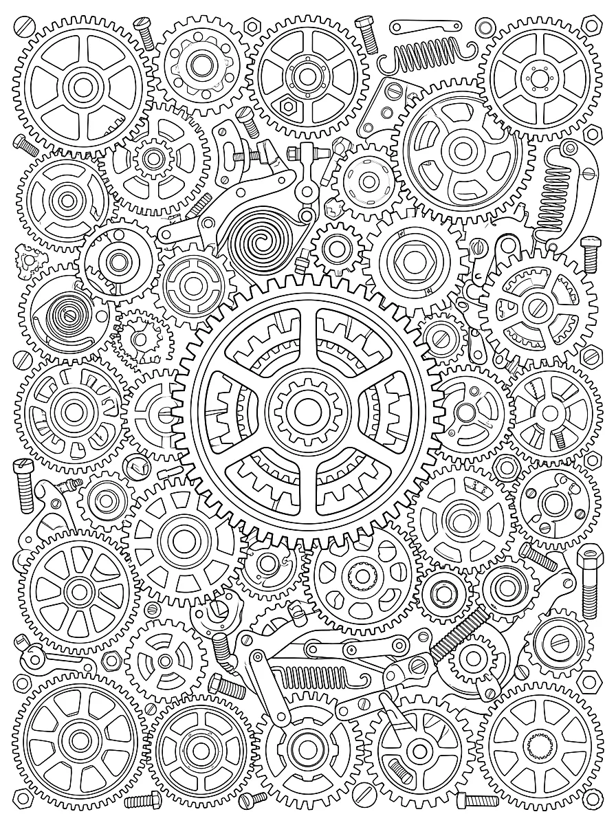 Colouring page: Interlocking cogs of different sizes