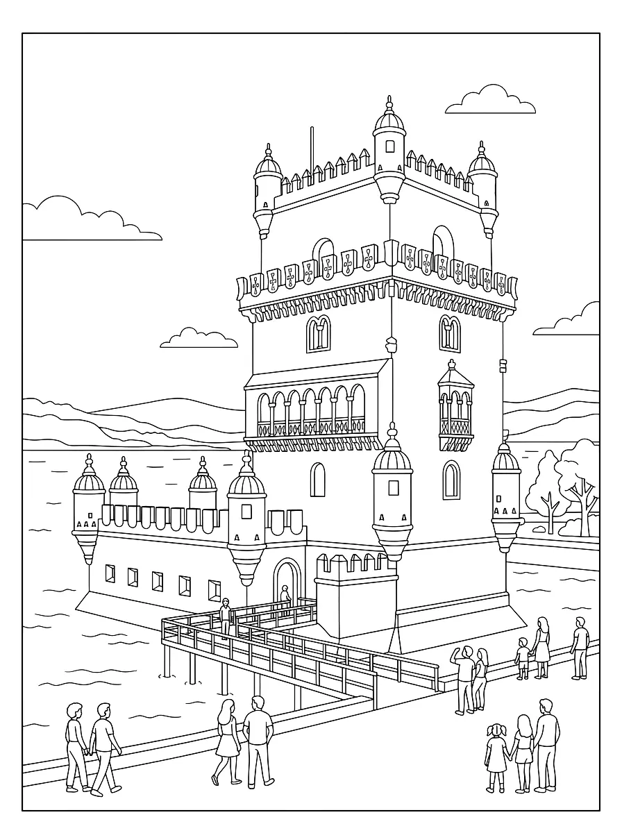 Colouring page: The ornate Belém fortress tower on the bank of the Tagus, with battlements, corner turrets and an arched balcony