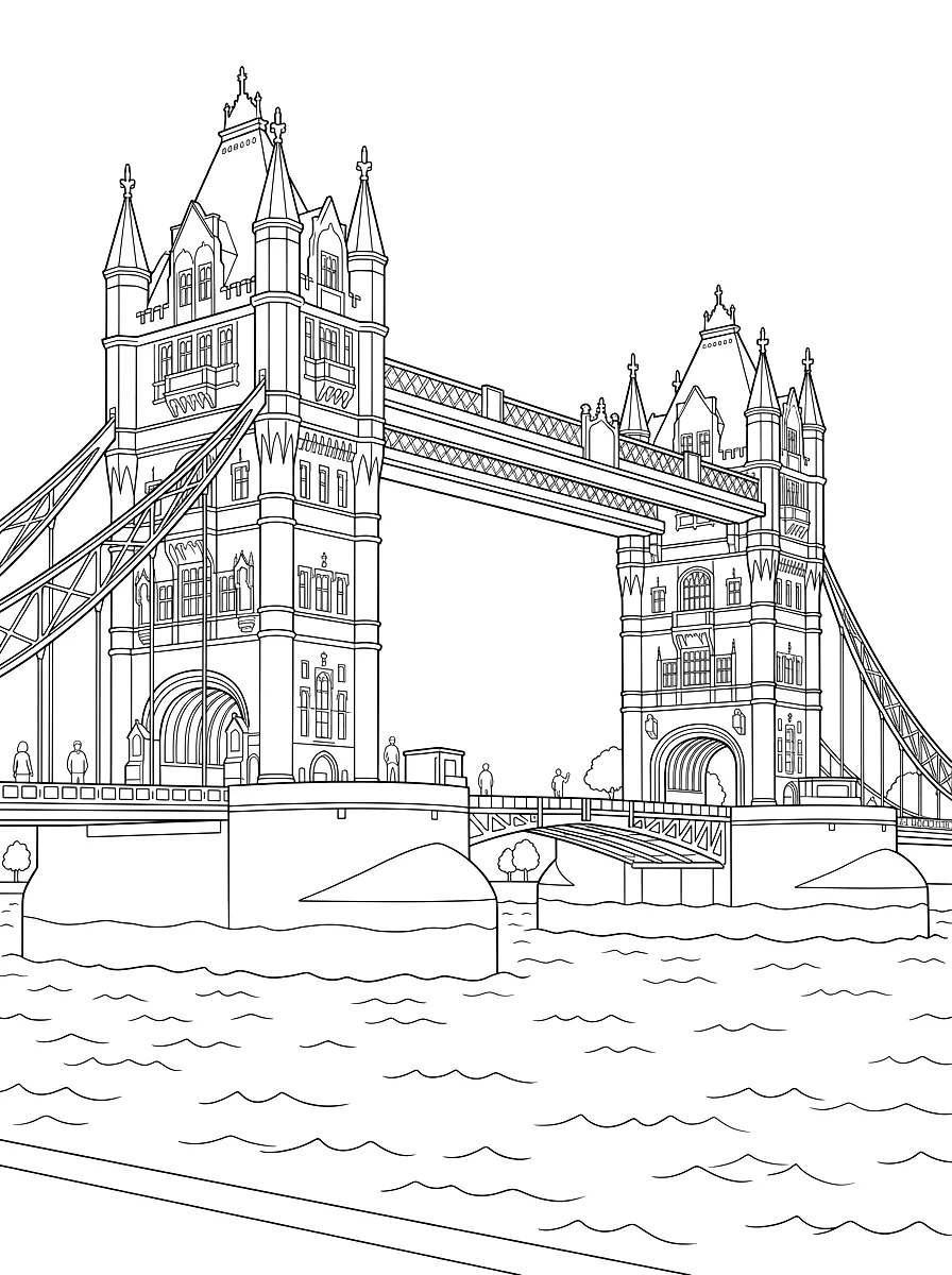 Kleurplaat: De Tower Bridge met twee torens over de Theems