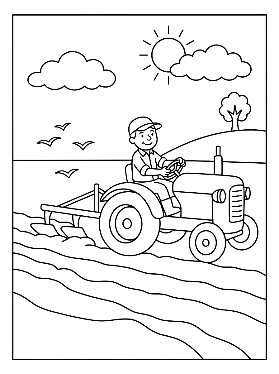 Colouring page: A tractor pulls a plough across a field leaving straight furrows, birds fly behind it, with the sun and clouds in the sky