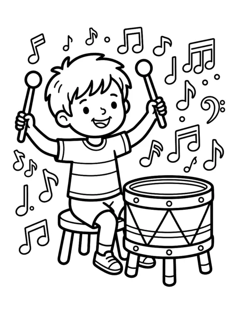 Ausmalbild: Kind spielt Trommel