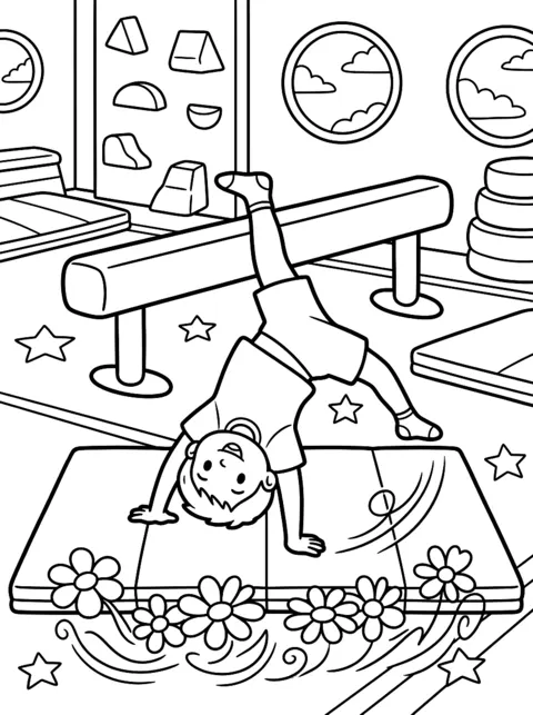 Ausmalbild: Kind macht einen Handstand auf der Turnmatte