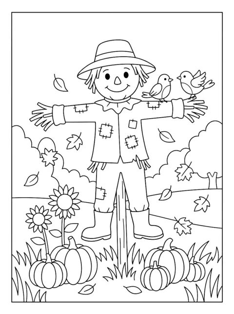 Colouring page: A smiling scarecrow with a straw hat and patched shirt stands in a field, two birds on its arm, pumpkins and sunflowers at its feet