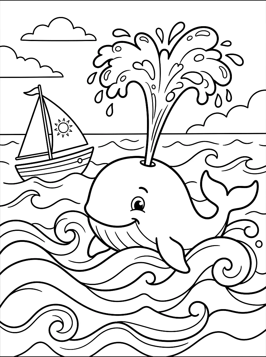 Colouring page: Smiling whale spraying water from its blowhole