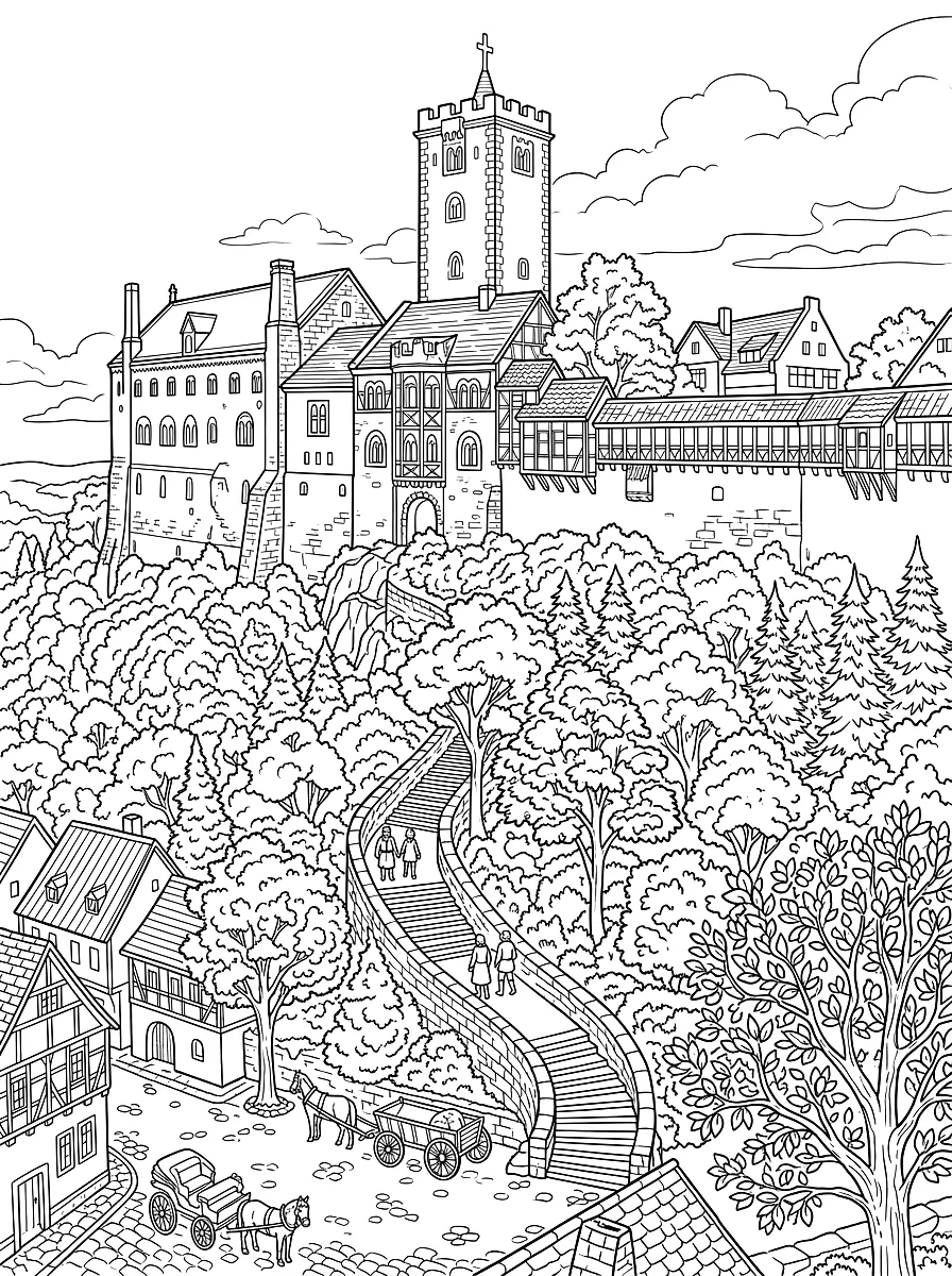 Coloriage : Le château de la Wartburg sur une colline boisée