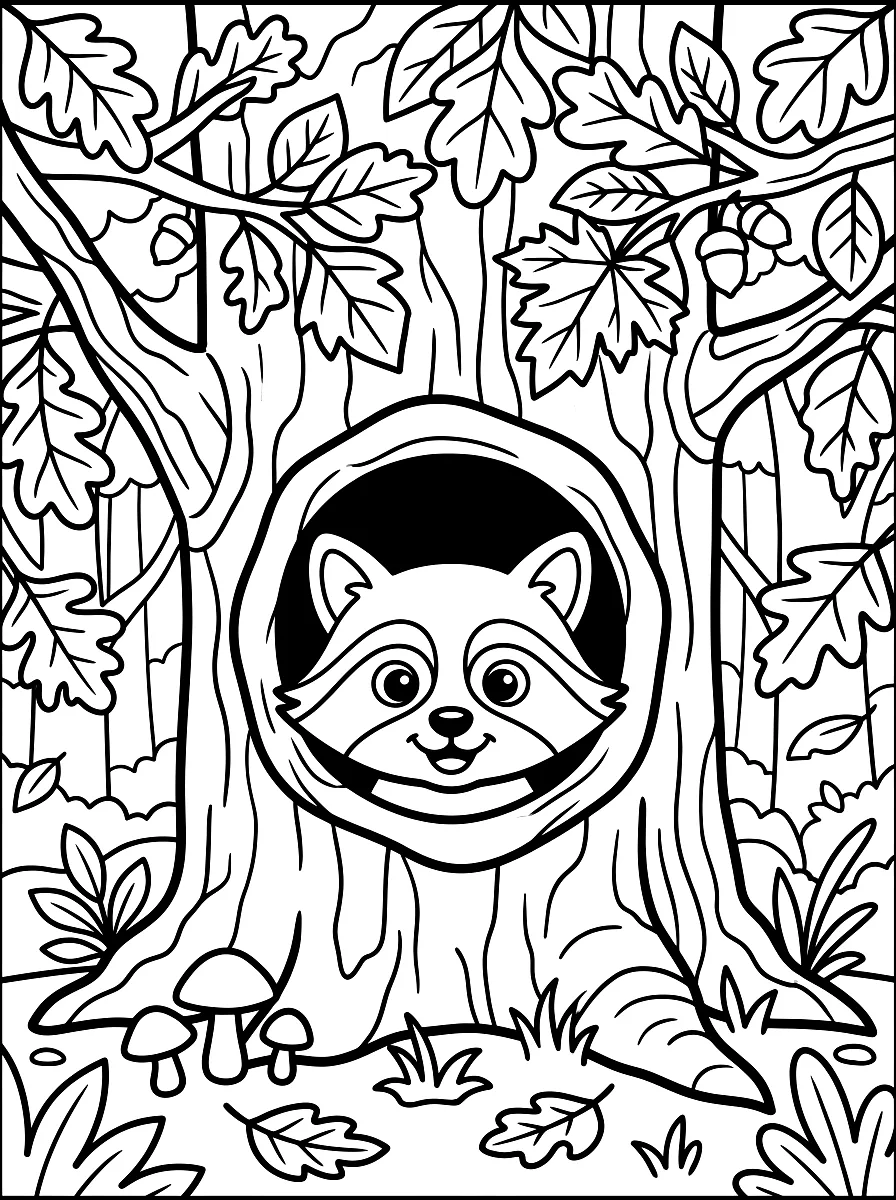 Colouring page: Raccoon peeking out of a hollow tree trunk