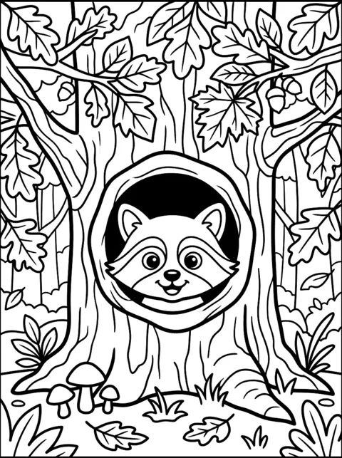Ausmalbild: Waschbär schaut aus einem hohlen Baumstamm