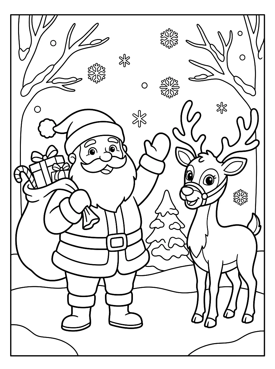 Ausmalbild: Weihnachtsmann mit Geschenkesack und Rentier im Schnee