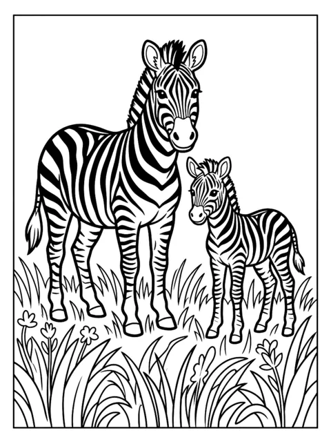 Ausmalbild: Zebra mit Fohlen auf der Wiese