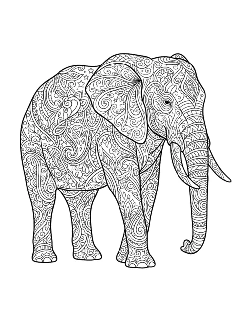 Colouring page: Elephant made of fine zentangle patterns