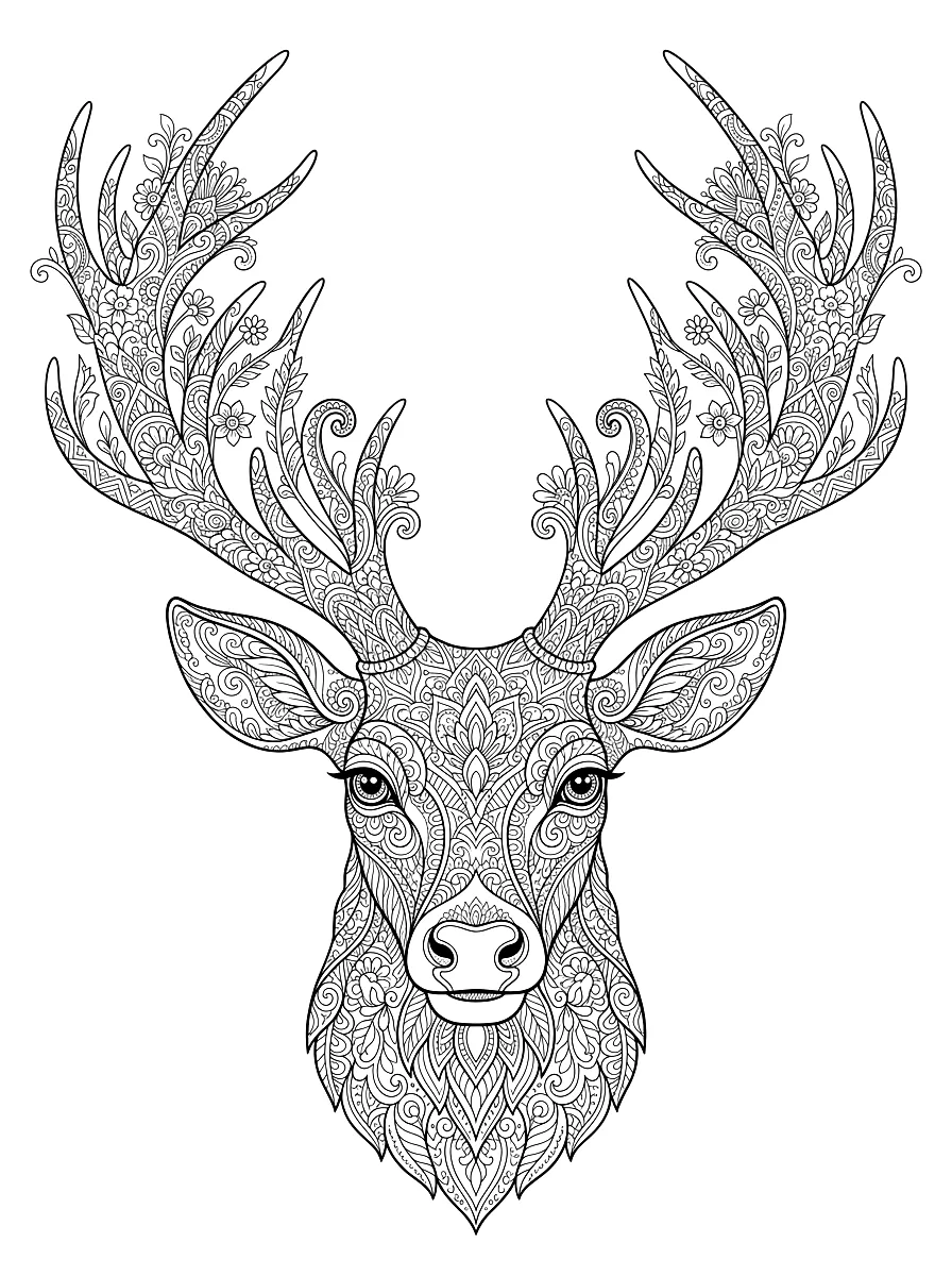 Coloriage : Une tête de cerf aux bois ornés