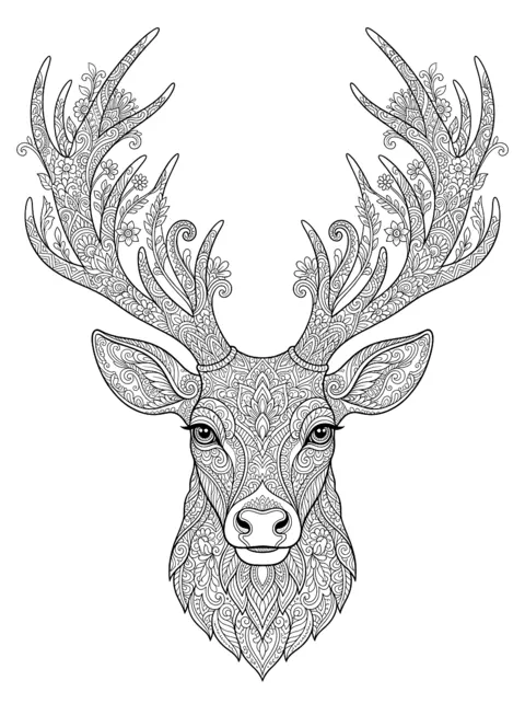 Colouring page: Stag's head with ornate antlers