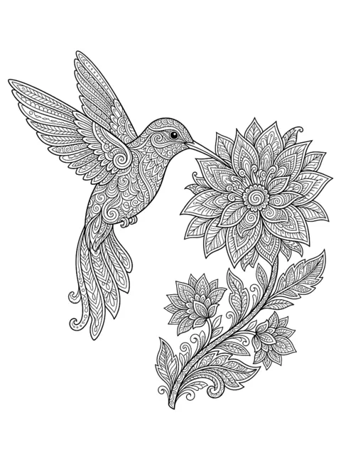 Colouring page: Finely patterned hummingbird at a flower