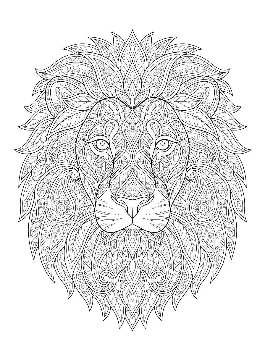 Coloriage : Une tête de lion à la crinière décorée de motifs