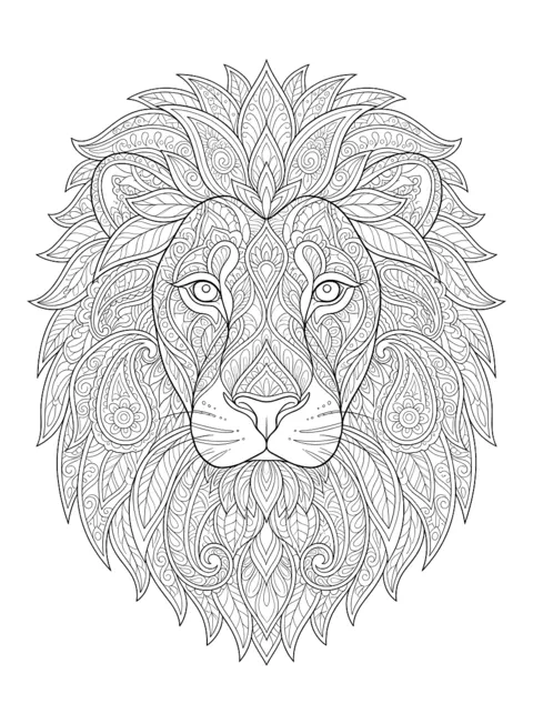 Colouring page: Lion's head with a patterned mane