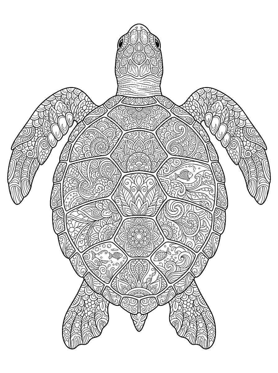 Colouring page: Sea turtle with an ornate shell