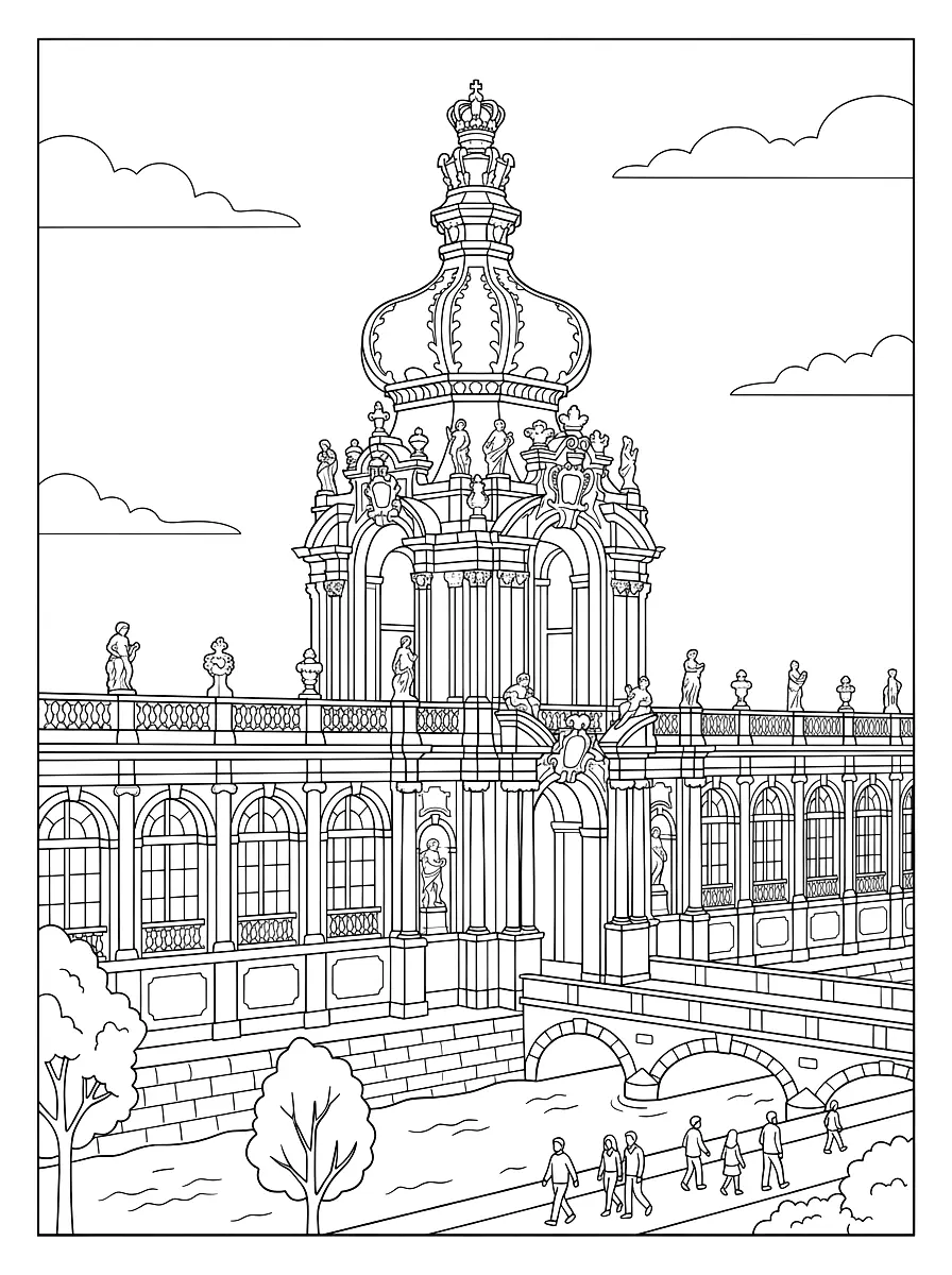 Colouring page: The baroque Crown Gate of the Dresden Zwinger with a crown on its dome, in front the moat with a stone bridge